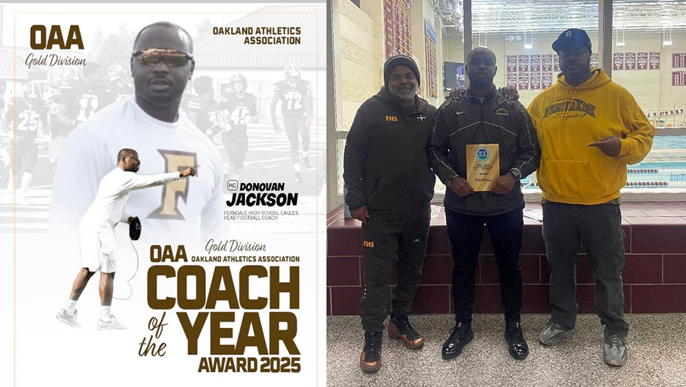 Coach Donovan Jackson poses with his Coach of the Year award, standing next to assistant coaches.