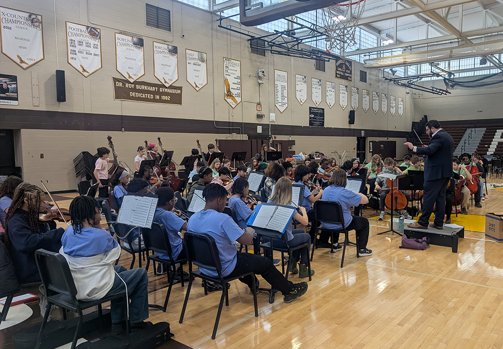 strings musicians perform at Ferndale High School gym