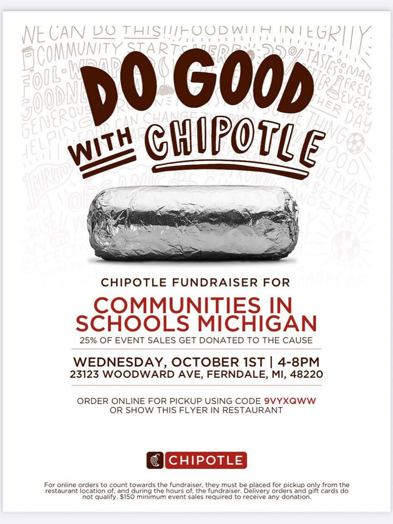 Chipotle Fundraiser today in Ferndale, 4pm to 8pm!