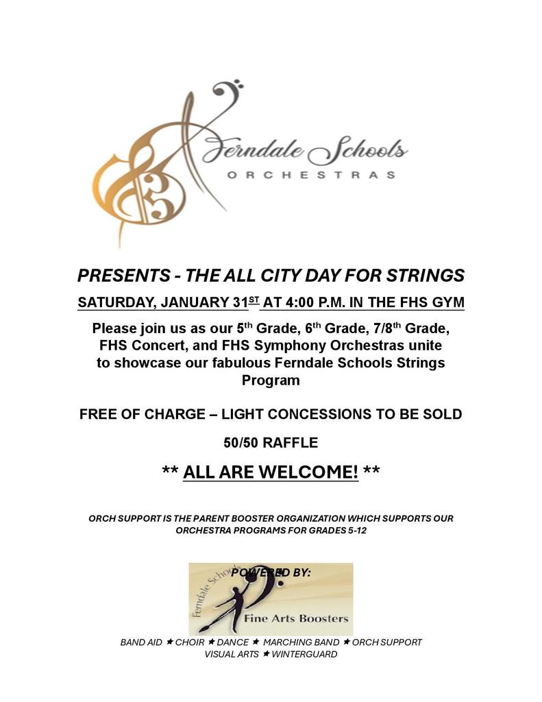 All City Day for Strings! Orchestra Concert 6-8th grade at FHS Gym, 1/31 at 4pm