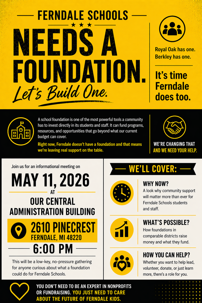 Flyer inviting families to build a Ferndale Schools Foundation, May 11, Central Administration, 2610 Pinecrest
