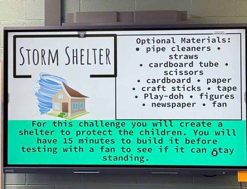 Student were given instructions to build miniature shelters in 15 minutes using various materials