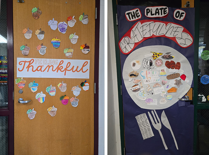 decorated doorways with messages of thankfulness