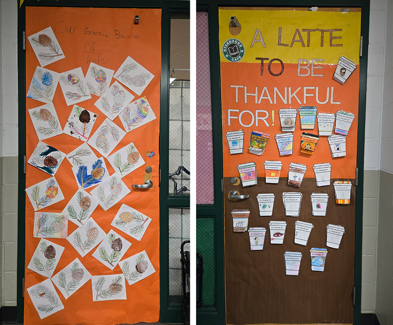 decorated doorways with messages of thankfulness