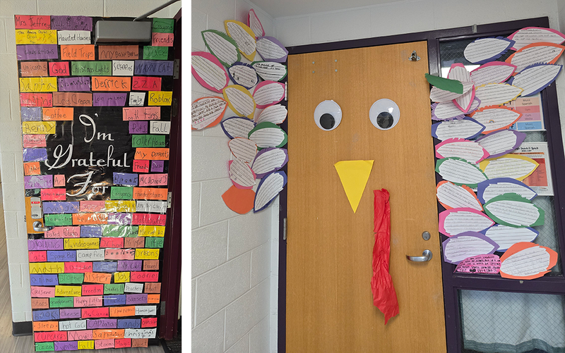 decorated doorways with messages of thankfulness