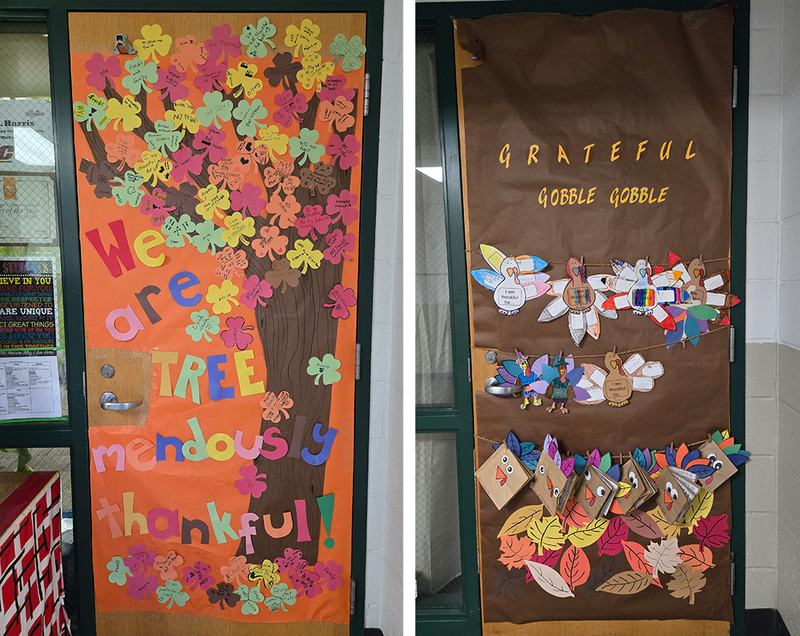 decorated doorways with messages of thankfulness