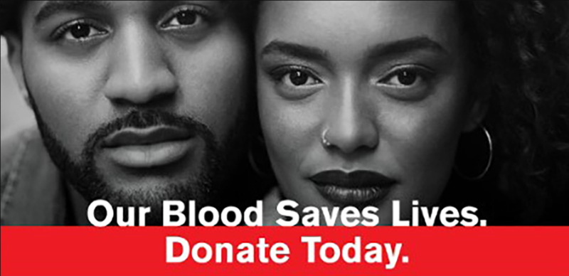 our blood saves lives. donate today. Two blood donors faces are pictured.