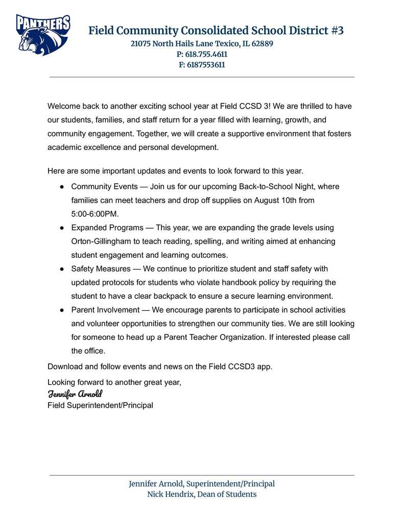 Welcome Letter 2026-2027