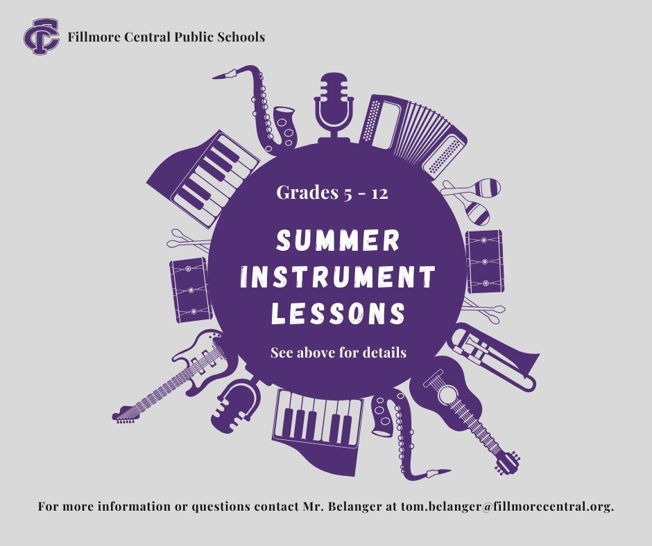 Summer Session II Instrumental Lessons are available from July 16th - July 31. Email Mr. Belanger at tom.belanger@fillmorecentral.org to set up times. This for grades 5 - 12. 2025 - 2026 music is available to get a head start, if 5th graders missed the instrument showing, they can still get started early.
