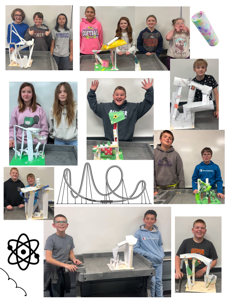 Mrs. Wilkins’ sixth grade class designed tracks, using curves, inclines and drops testing whether or not a marble could travel through the roller coaster design. The teams used their recently learned knowledge of physics to build roller coasters demonstrating physics principles, and the transformations between potential and kinetic energy. The class voted on whose roller coaster had the best design and was most eye catching! The overall winning coaster, belonged to Olivia E., Carson W., Sara B., and Autumn H! The team who worked best together throughout the process was Braelynn R., Katelyn F., Marlee M., and Makenzie R.!