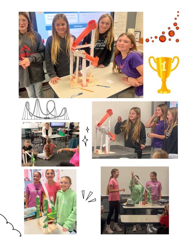 Mrs. Wilkins’ sixth grade class designed tracks, using curves, inclines and drops testing whether or not a marble could travel through the roller coaster design. The teams used their recently learned knowledge of physics to build roller coasters demonstrating physics principles, and the transformations between potential and kinetic energy. The class voted on whose roller coaster had the best design and was most eye catching! The overall winning coaster, belonged to Olivia E., Carson W., Sara B., and Autumn H! The team who worked best together throughout the process was Braelynn R., Katelyn F., Marlee M., and Makenzie R.!