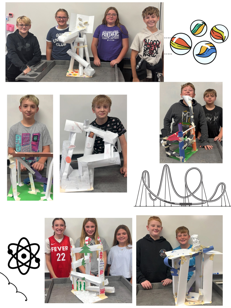Mrs. Wilkins’ sixth grade class designed tracks, using curves, inclines and drops testing whether or not a marble could travel through the roller coaster design. The teams used their recently learned knowledge of physics to build roller coasters demonstrating physics principles, and the transformations between potential and kinetic energy. The class voted on whose roller coaster had the best design and was most eye catching! The overall winning coaster, belonged to Olivia E., Carson W., Sara B., and Autumn H! The team who worked best together throughout the process was Braelynn R., Katelyn F., Marlee M., and Makenzie R.!