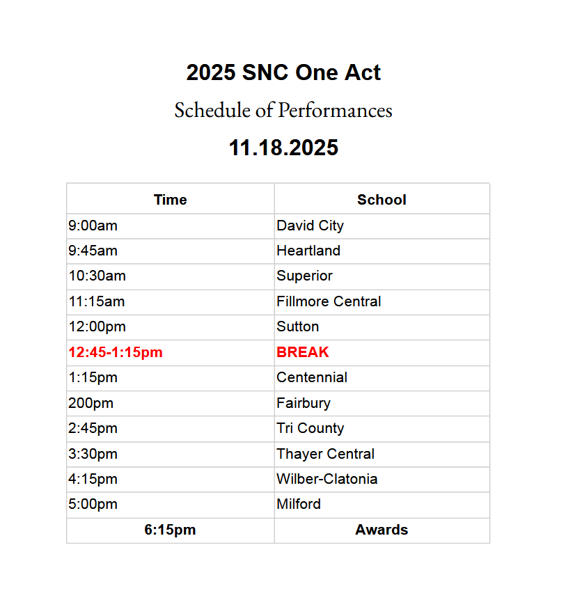 Schedule of Performances - SNC One Act