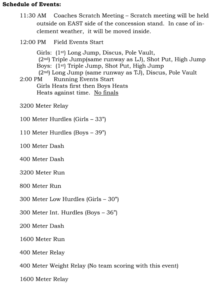 Thayer Central Track Meet order of events
