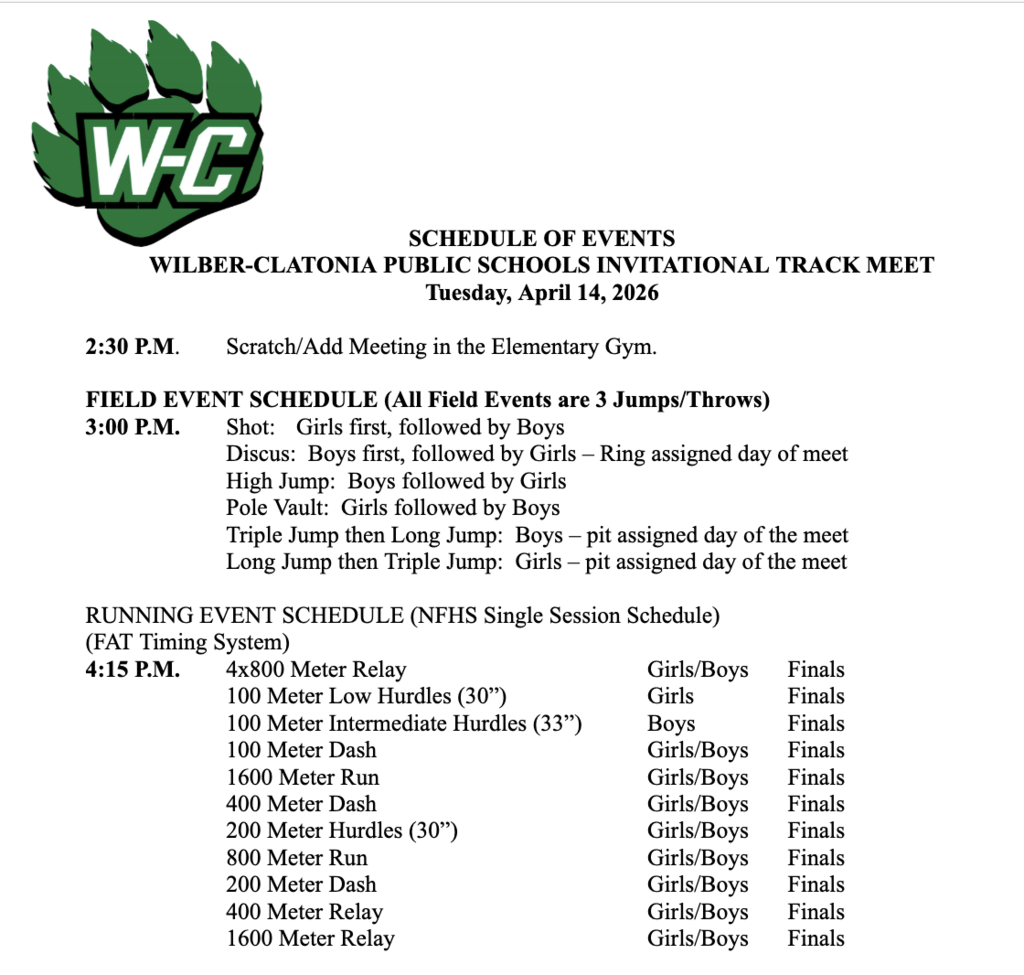 JH track schedule for Wilber Meet