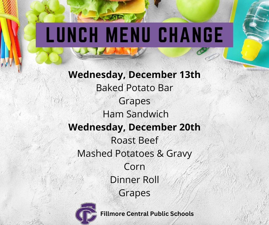 Lunch Menu Change Decemer 13th and 20th