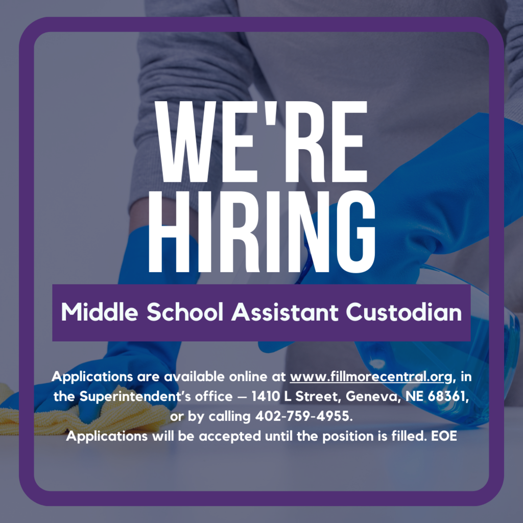 This is a 12-month position with outstanding benefits including full family Health Insurance, State Retirement, Life Insurance, and Paid vacation and Holidays. This position could begin as soon as it is filled. Primary duties will include basic daily cleaning and custodial work. School year hours are approximately 2p.m. – 10p.m. and summer hours are during the day. Applications are available in the Superintendent’s Office, 1410 L Street, Geneva, NE 68361, on the school website at www.fillmorecentral.org or by calling 402-759-4955. Applications will be accepted until the positions are filled. EOE