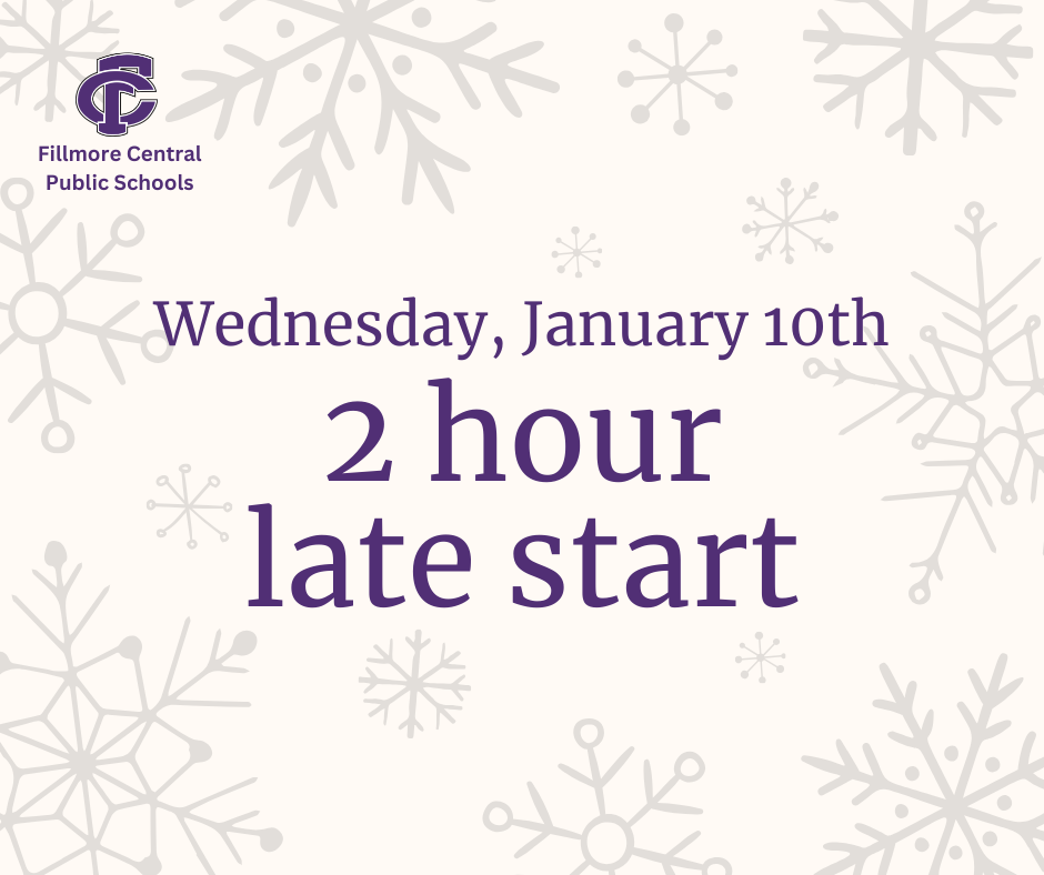 This is a message There will be a 2 hour late start on Wednesday, January 10th. There will be no morning preschool. Buses will run accordingly.