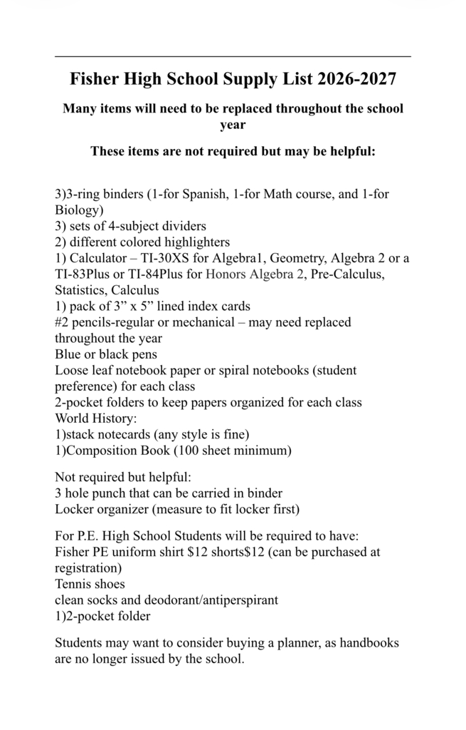 Fisher High School Supply List - Grades 9-12