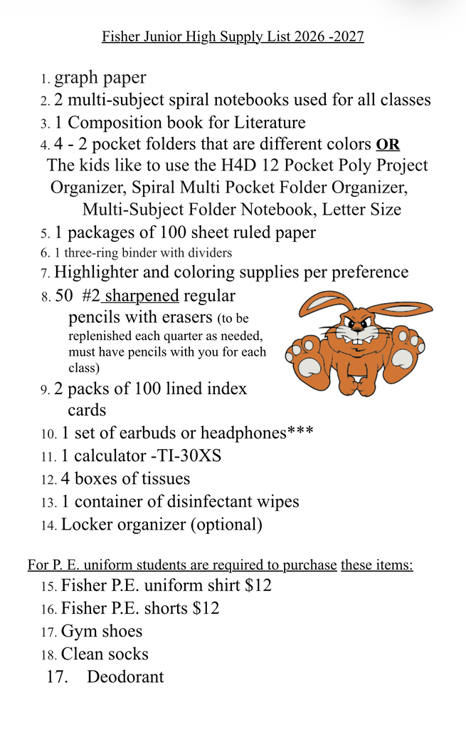 Fisher Jr. High Supply List - Grades 7 and 8