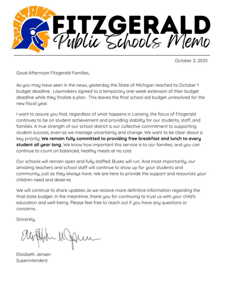 Memo regarding funding and school lunches.