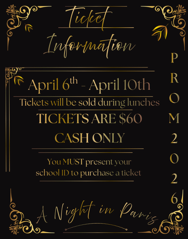 Fitzgerald High School Junior-Senior Prom 2026 Information: Tickets are already on sale and the sale ends April 10th. They are sold during lunches, each ticket is $60USD.