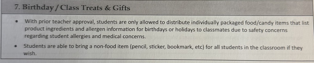 Westview's Policy for Birthday/Class Treats & Gifts