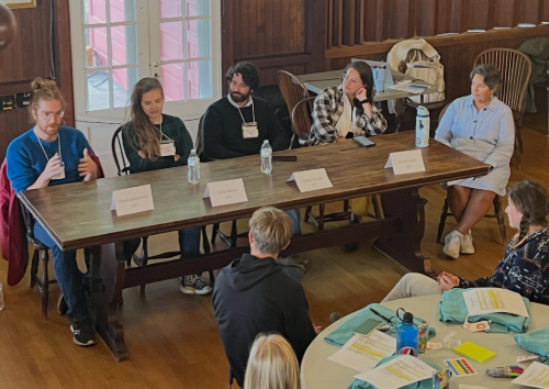 Panelists Davis Saltonstall, Molly White, Caleb Lincoln, Amy Gertner and Superintendent Maria Libby speak at the Student Leadership Forum.