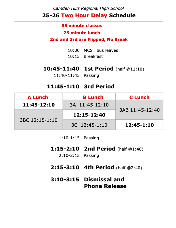 2 hour delay schedule