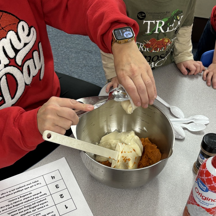 Ms. Deckers PM PreK making and eating pumpkin pie in a cup.