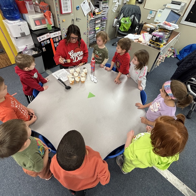 Ms. Deckers PM PreK making and eating pumpkin pie in a cup.