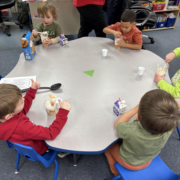 Ms. Deckers PM PreK making and eating pumpkin pie in a cup.