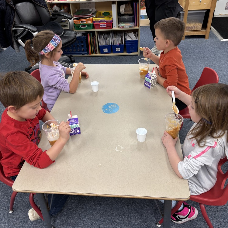 Ms. Deckers PM PreK making and eating pumpkin pie in a cup.