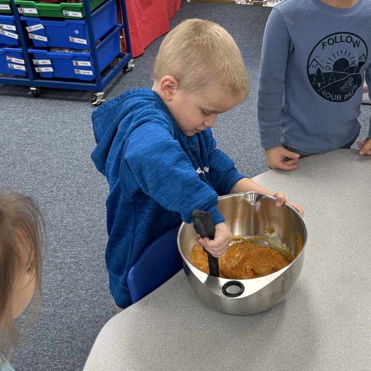 Ms. Decker’s AM PreK making and eating pumpkin pie in a cup.