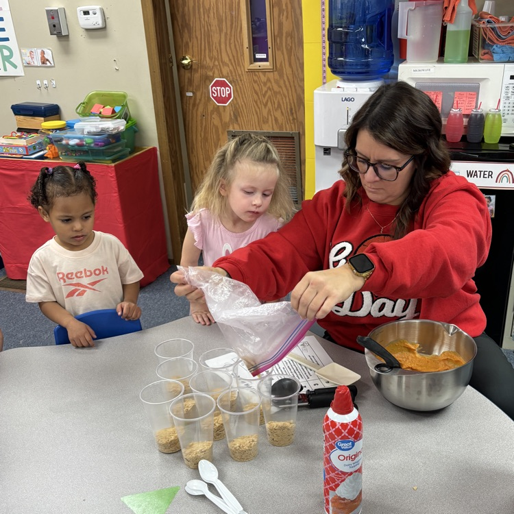 Ms. Decker’s AM PreK making and eating pumpkin pie in a cup.