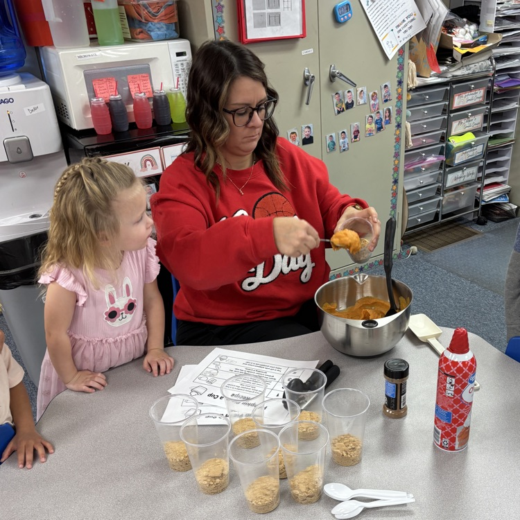 Ms. Decker’s AM PreK making and eating pumpkin pie in a cup.