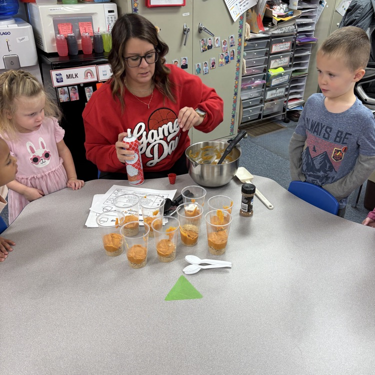 Ms. Decker’s AM PreK making and eating pumpkin pie in a cup.