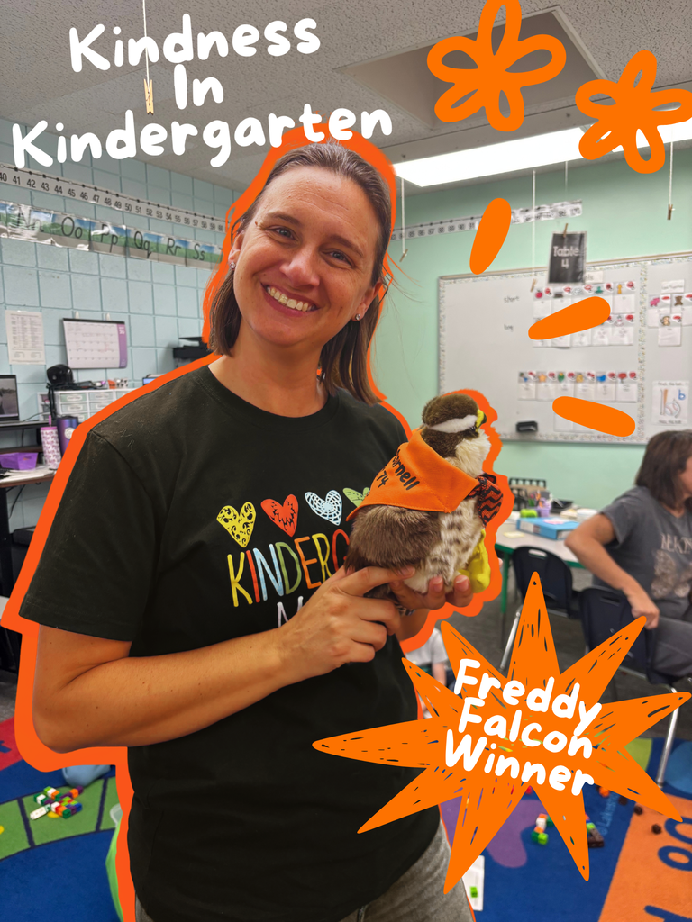 Mrs. Kleinert poses with Freddy Falcon! 