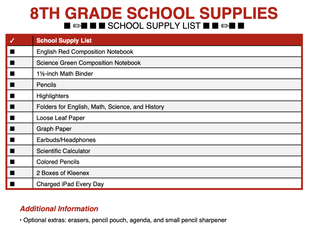 8th grade supply list