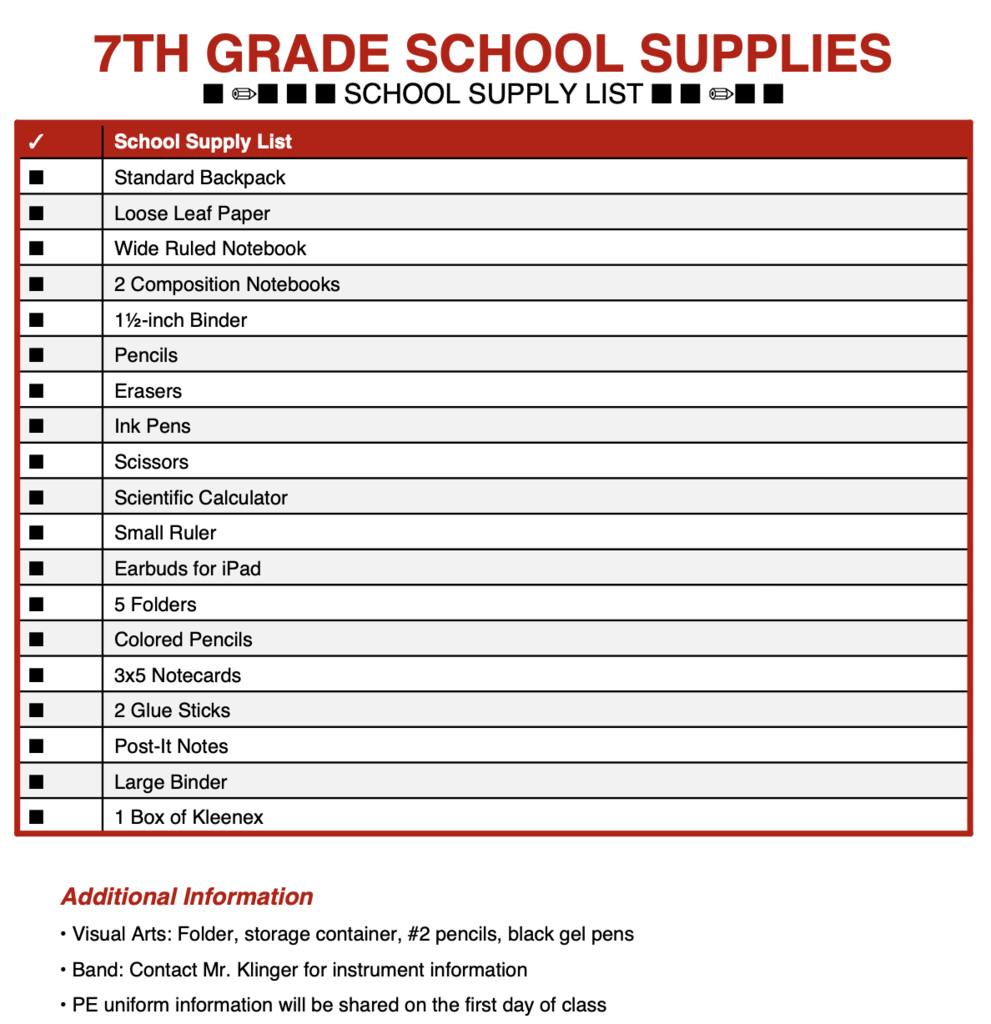 7th grade supply lists