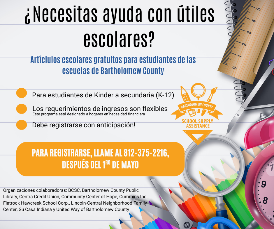 Spanish flyer for school supplies. To register you can call (812) 375-2216.