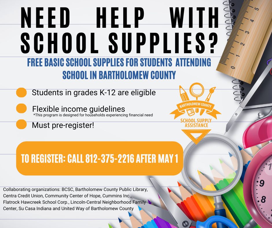 English flyer for school supplies. To register you can call (812) 375-2216.