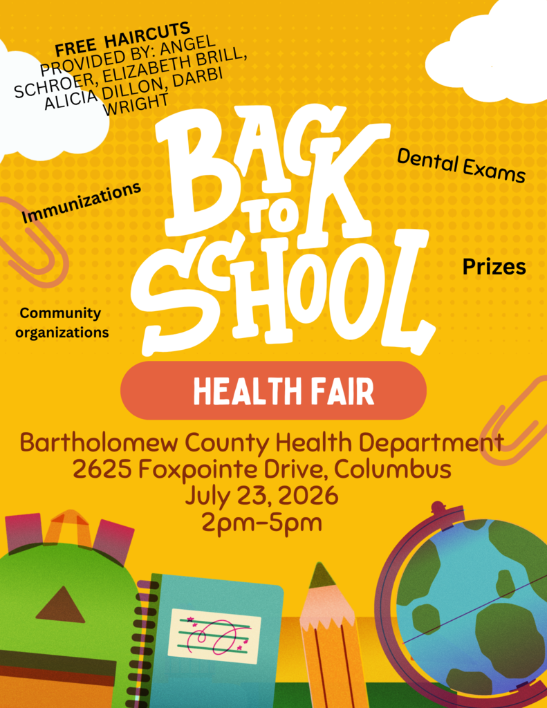 Flyer explaining there is a health fair on July 23, 2026 from 2-5 pm at 2625 Foxpointe Drive in Columbus, Indiana.