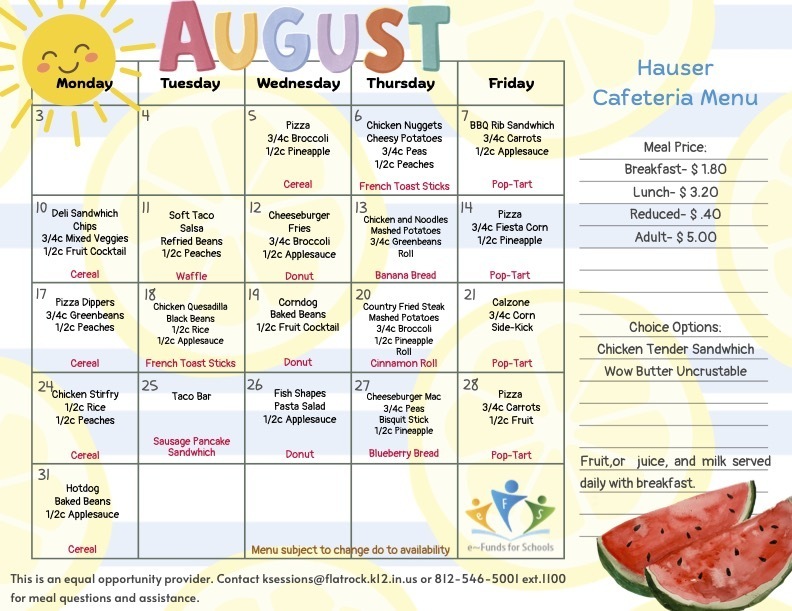 Hauser Jr-Sr High School Lunch Menu