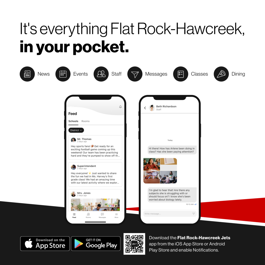 Advertisement to download the Flat Rock Hawcreek App.