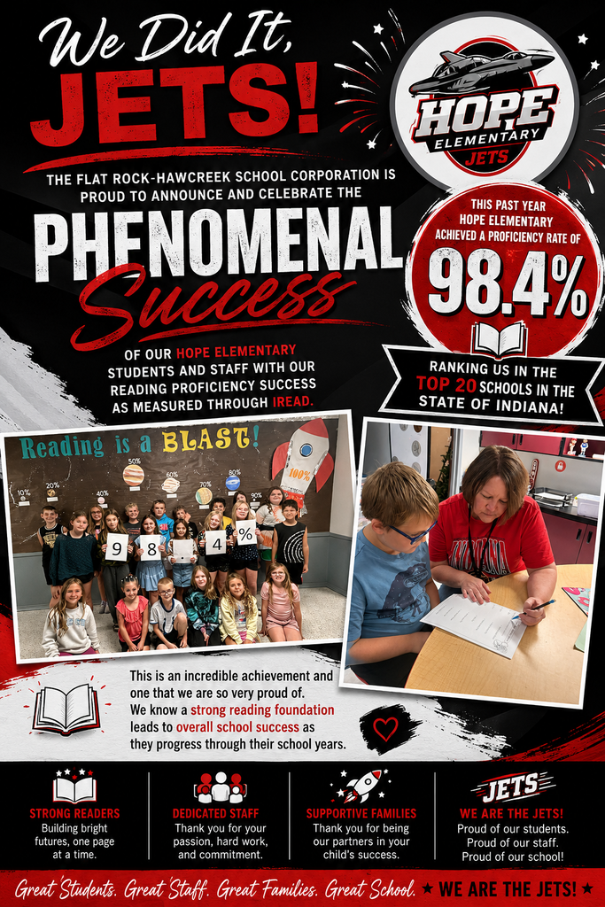 A graphic showing that Hope Elementary had a 98.4% pass rate on IREAD last year.