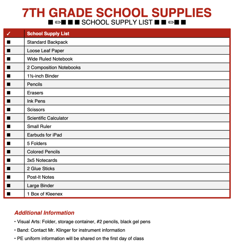7th grade school supply list