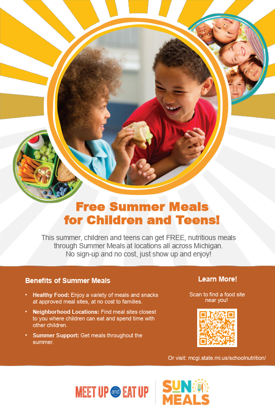 Free Summer Meals for Children and Teens through Meet Up and Eat Up. The image has multiple pictures of children smiling and eating. There's also a picture of a lunch with carrots, grapes, and milk.