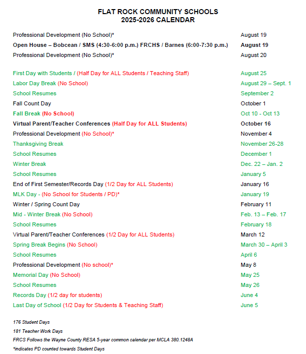 School Calendar for 2025-2026