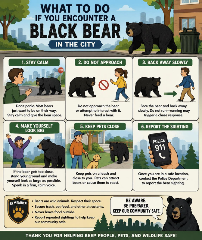 The image describes what to do if you encounter a black bear in the city. This includes to stay calm, do not approach, back away slowly, make yourself look big, keep pets close, report the siting.